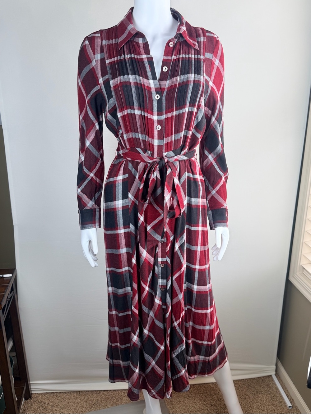 Soft Surroundings Plaid Shirt Dress Tie Waist Midi Red Black Size 10P Petite